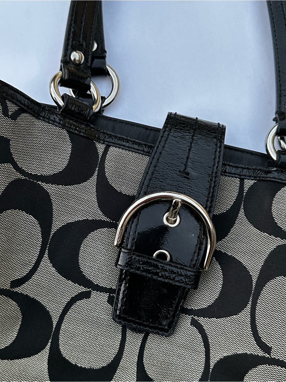 Coach Black & Khaki Signature Canvas Tote with Patent Trim
